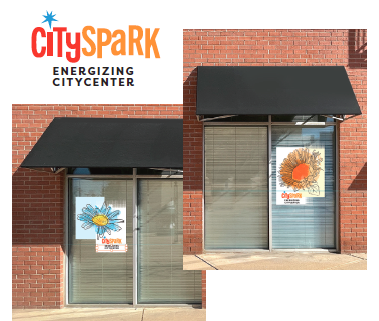 storefronts with CityCenter logo decal