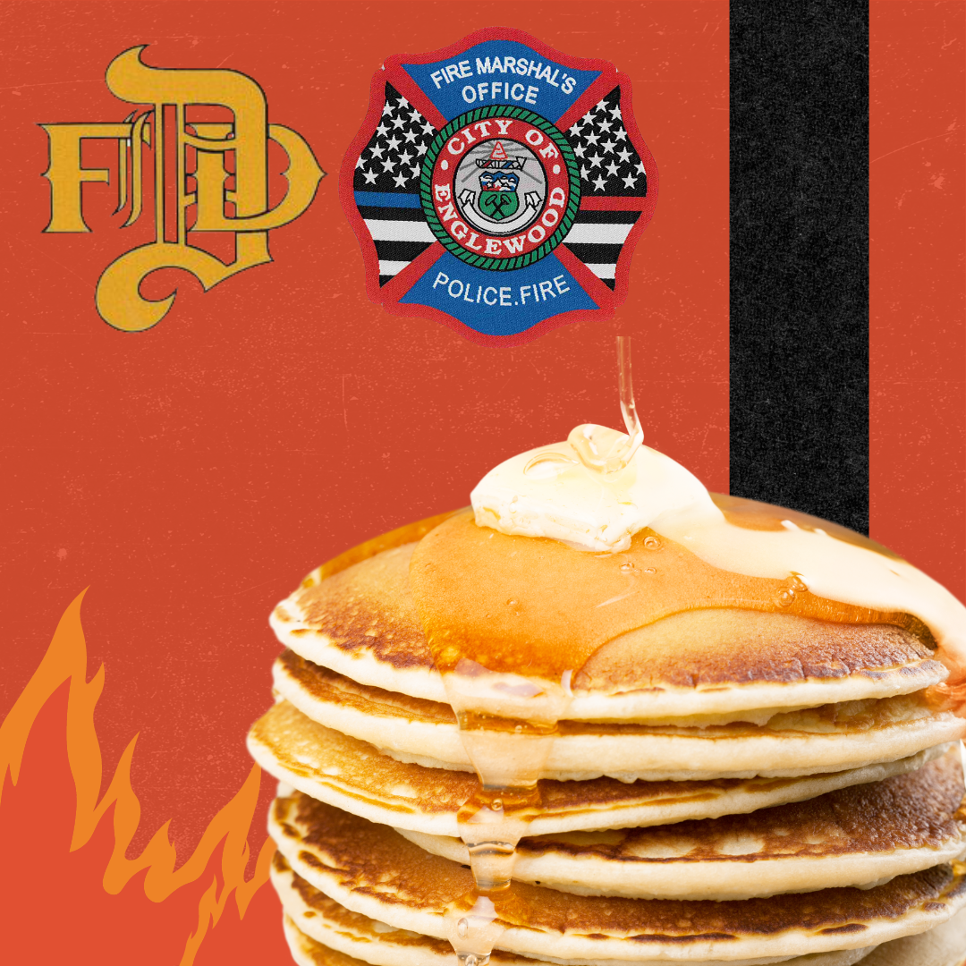 Pancakes on a red background with Denver Fire and Fire Marshal Logo