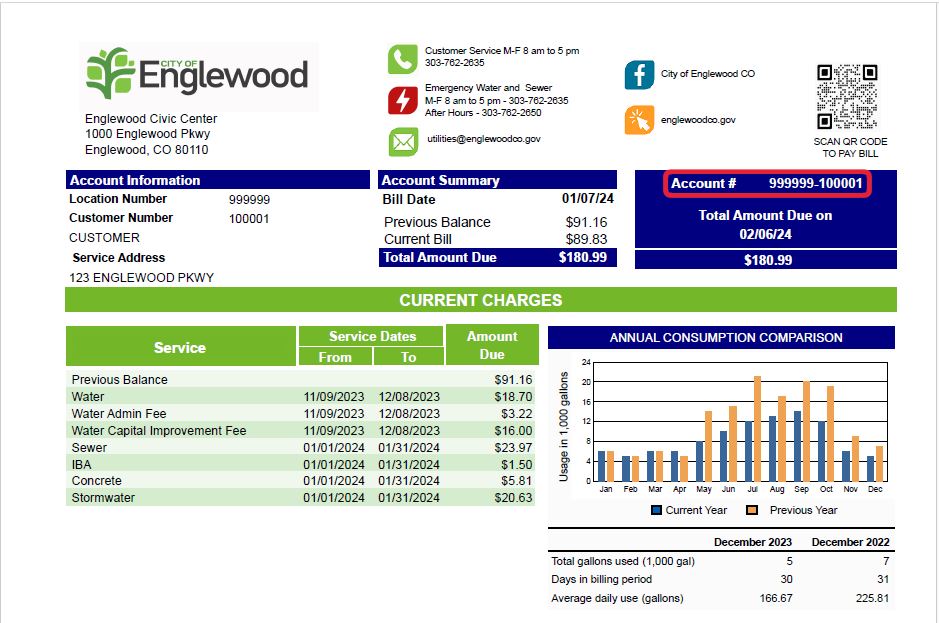 Example Bill with the Account Number Highlighted on the Top Right