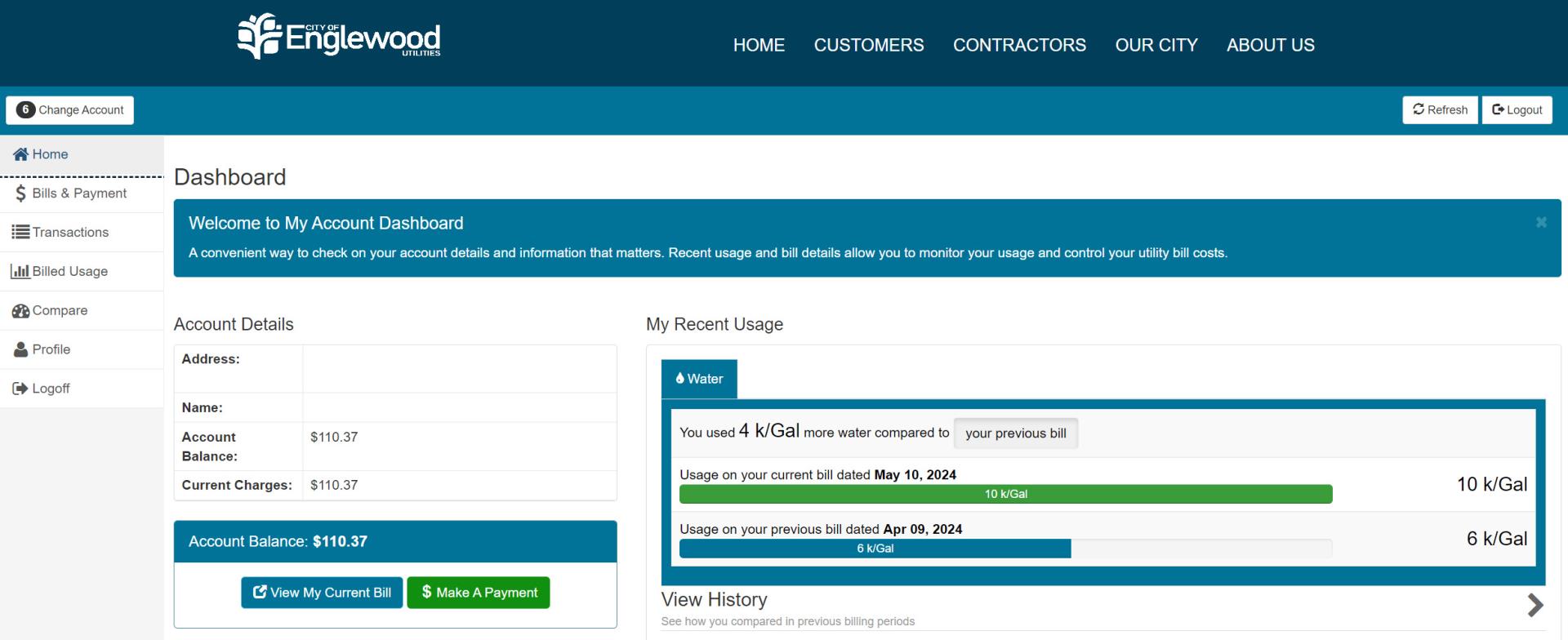 Utilities Customer Portal Dashboard Example