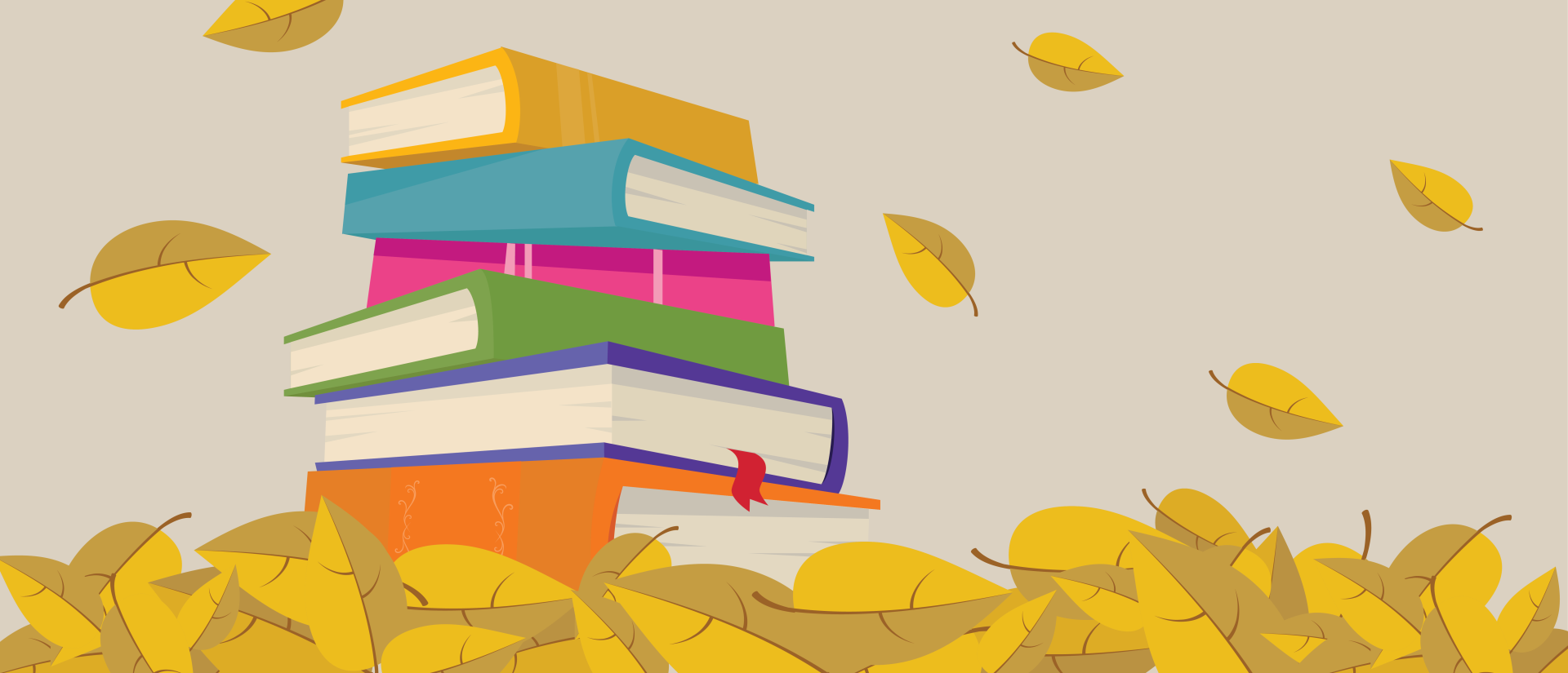 Fall Book Sale - book stack with falling leaves