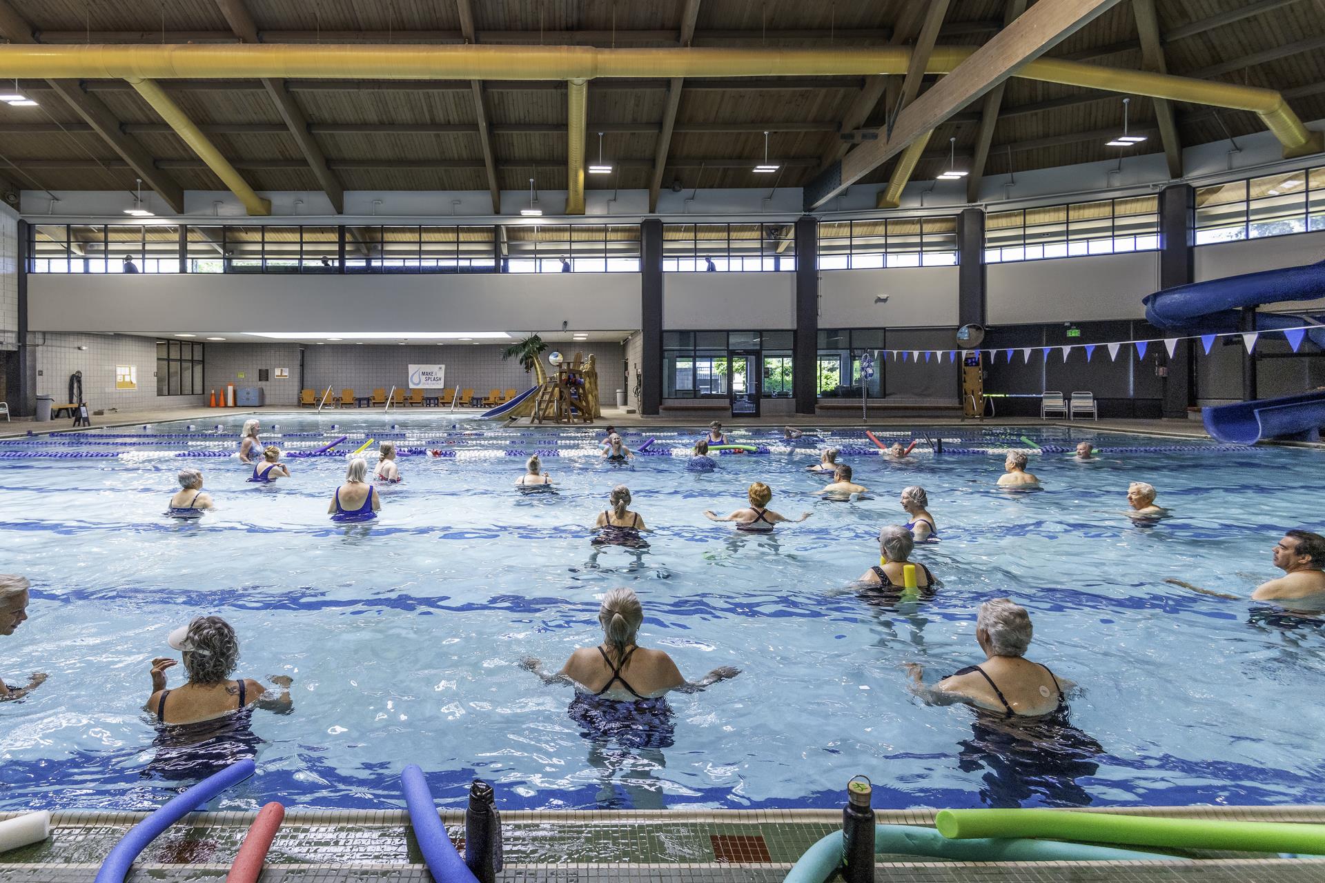 Aqua fitness. People exercise in a pool with lanes.