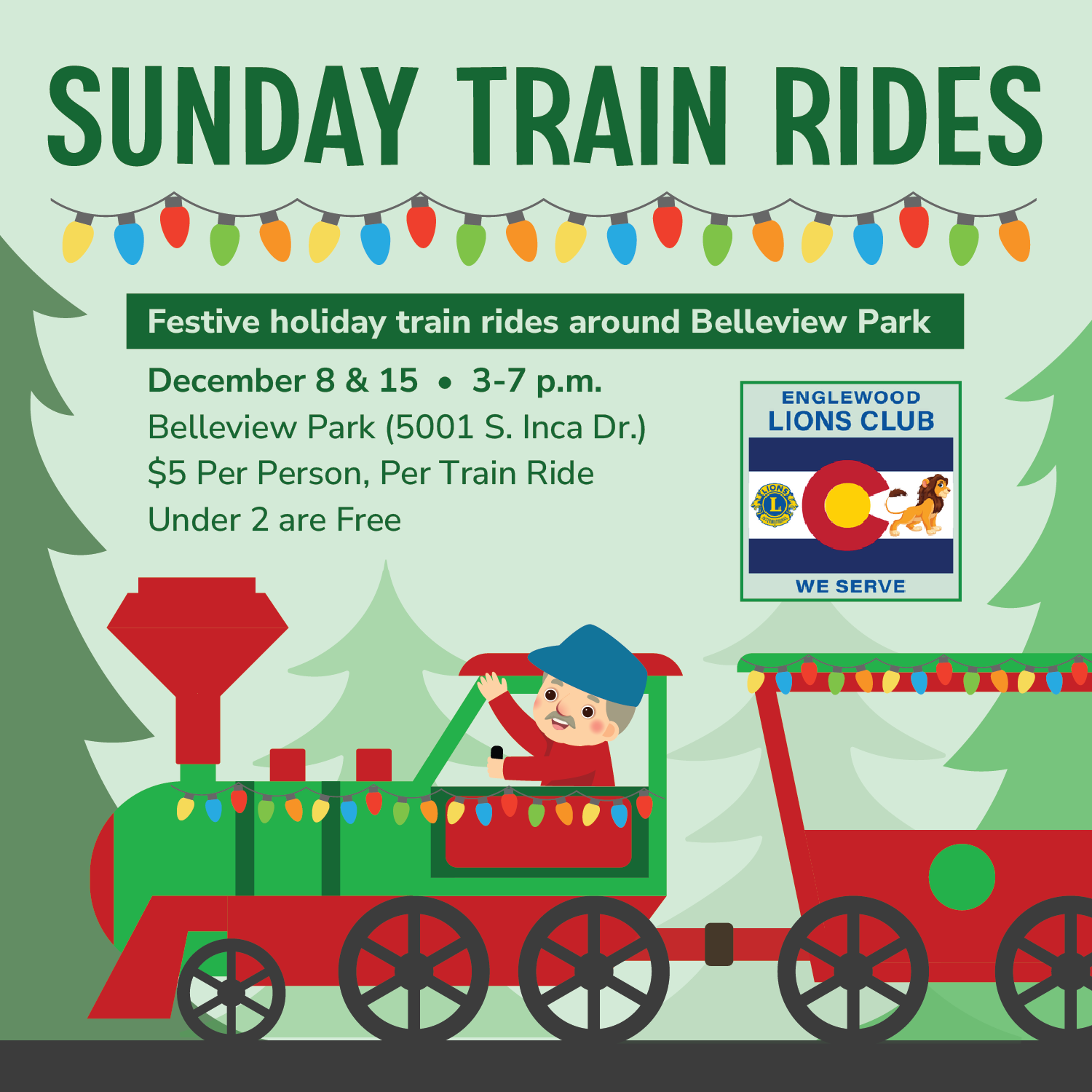 Sunday Train Rides at Belleview Park on December 8 and 15 2024 from 3 to 7 pm