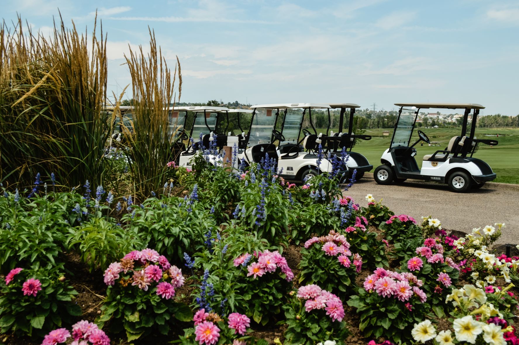 Flower garden at Broken Tee Golf Course with pink and yellow flowers